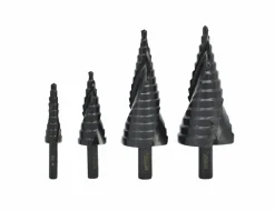 AW WIERTŁO STOPNIOWE SPIRALNE KPL. 4szt./ 4-12 4-20 4-32 4-39mm/ AICrN/ CZARNE/ ETUI PLASTIK