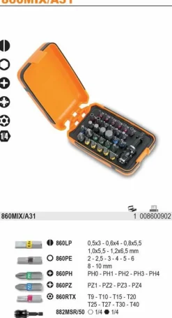 BETA ZESTAW KOŃCÓWEK WKRĘTAKOWYCH 860 Z UCHWYTEM SZYBKOMOCUJĄCYM 882MSR/50, 31