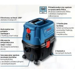 BOSCH ODKURZACZ 1100W 15L GAS 15 PS AUTOMATYCZNE GNIAZO ZASILAJĄCE