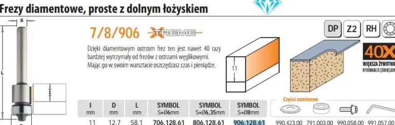 CMT FREZ DIAMENTOWY HM I=11 D=12,7 S=8 TRZPIEŃ 8mm DOLNE ŁOŻYSKO