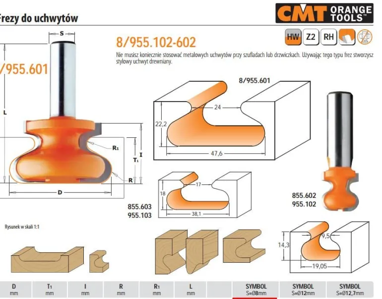 CMT FREZ KSZTAŁTOWY DO UCHWYTÓW DREWNIANYCH HM D=19,05 I=19,05 T=14,3 S=8 R=2,4-4,76