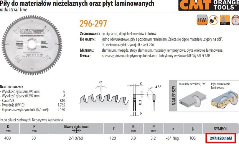 CMT PIŁA HW D=400 F=30 Z=120 K=3,8/3,2 DO MATERIAŁÓW NIEŻELAZNYCH, PCV, PŁYT LAMINOWANYCH
