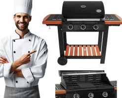 GRILL GAZOWY DEKRAFT 3 PALNIKI RUSZT ŻELIWNY - PŁYTA ŻELIWNA - DREWNO