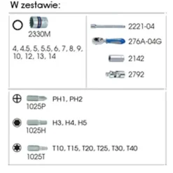 KING TONY ZESTAW NARZĘDZI 1/4" 27cz. NASADKI KRÓTKIE, 12-kąt. 4 - 14mm Z GRZECHOTKĄ I AKCESORIAMI