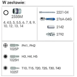 KING TONY ZESTAW NARZĘDZI 1/4" 27cz. NASADKI KRÓTKIE, 6-kąt. 4 - 14mm Z GRZECHOTKĄ I AKCESORIAMI