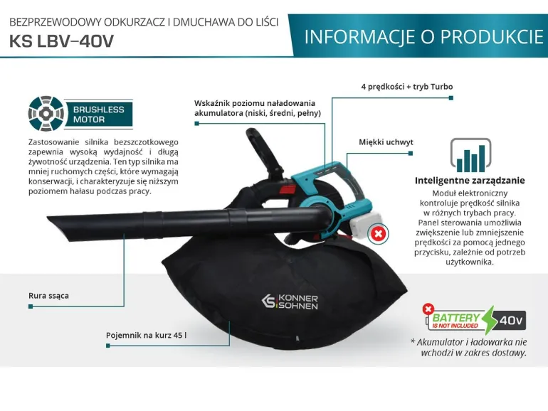 KÖNNER & SÖHNEN DMUCHAWA AKUMULATOROWA LBV-40V, BEZ AKUMULATORÓW I ŁADOWARKI