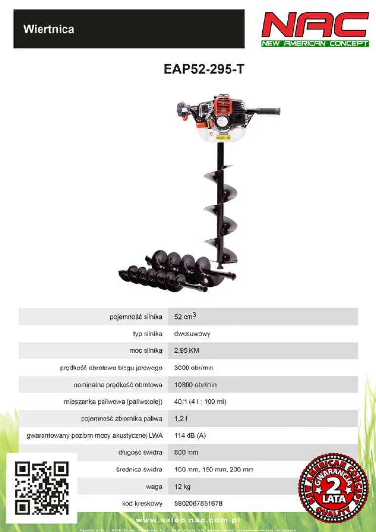 NAC ŚWIDER SPALINOWY 2,95KM + 3 WIERTŁA 100, 150, 200mm EAP52-295-T