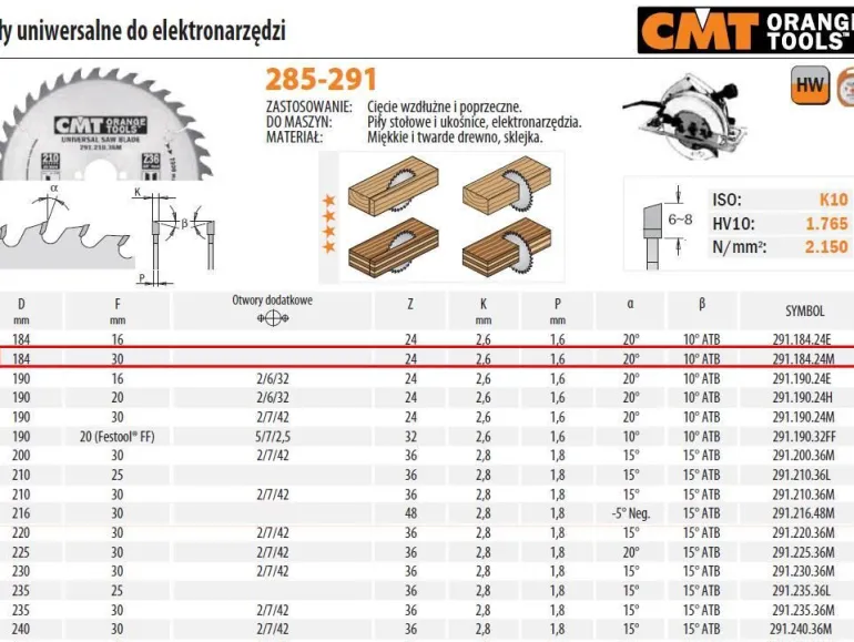 PIŁA UNIWERSALNA, DO CIĘCIA WZDŁUŻNEGO I POPRZECZNEGO HM D=184 F=30 Z=24 K=2,6/1,6