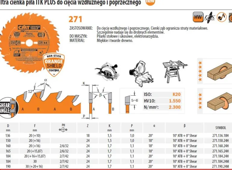 PIŁA UNIWERSALNA HM D=200 F=30 Z=36N K=1,8/1,2 ULTRACIENKA