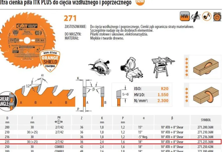 PIŁA UNIWERSALNA HM D=235 F=30 Z=36N K=2,4/1,6 ULTRACIENKA