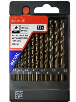 Zestaw wierteł do metalu HSS-Co DIN 338 1,5-6,5 co 0,5mm +3,2+4,8mm  ABRABORO [13 szt.]
